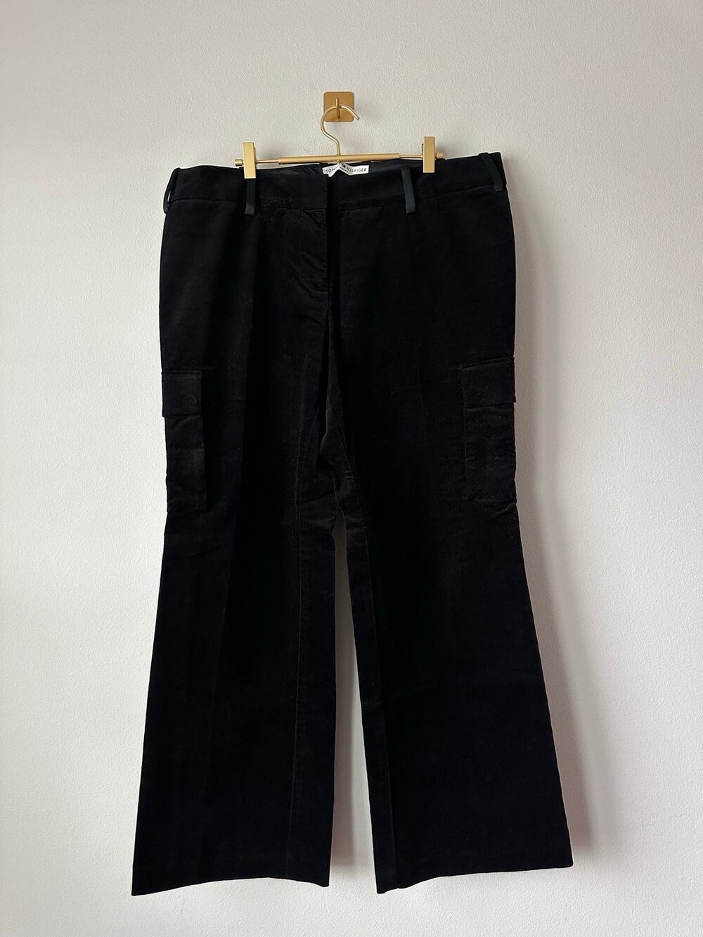Vintage Y2K Tommy Hilfiger Black Velvet Cargo Pants Size 16 Wide Leg Utility
